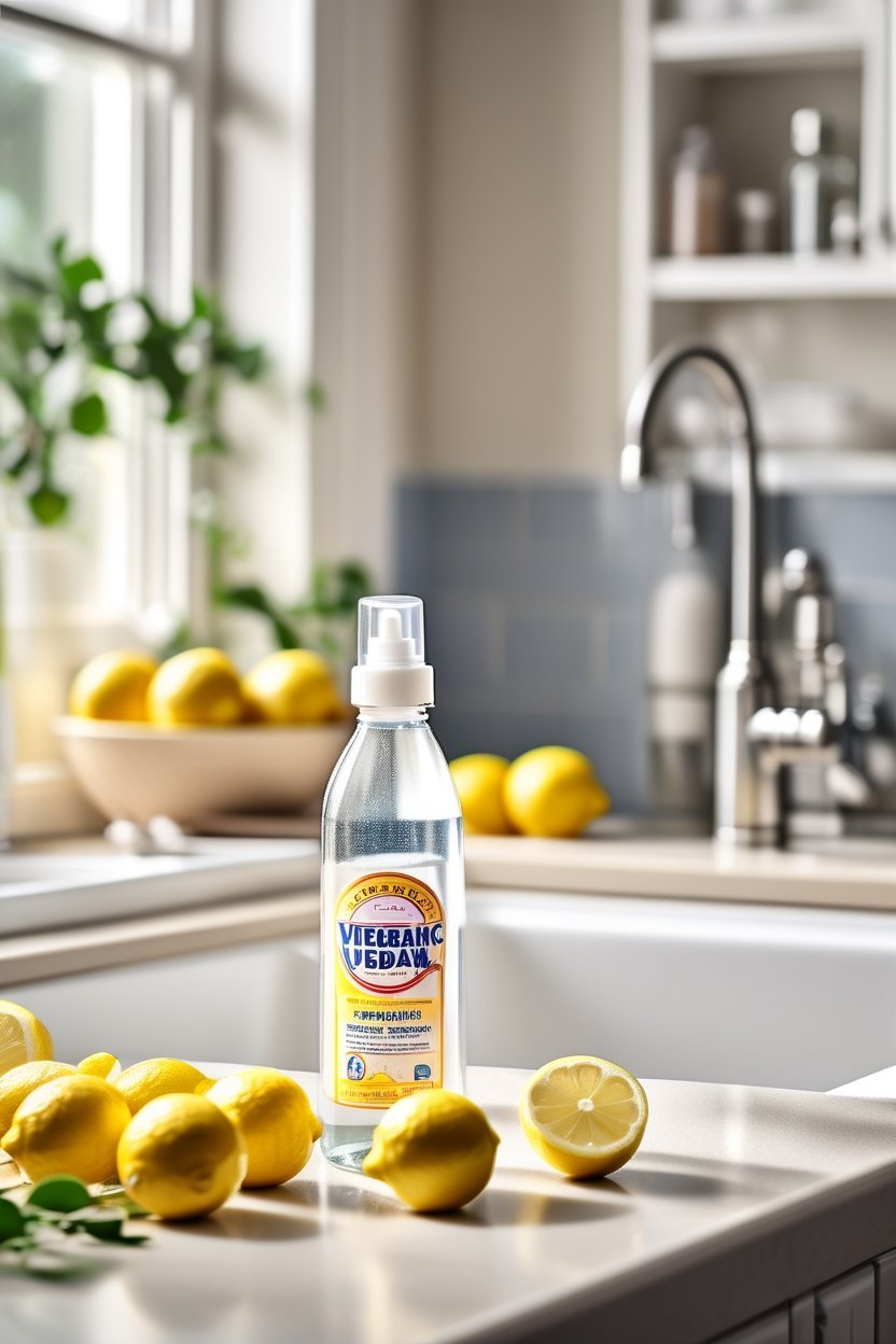 Bright kitchen with baking soda and white vinegar on counter next to sparkling clean sink