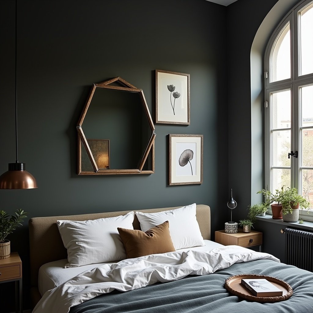 bedroom gallery wall geometric mirror dark decor