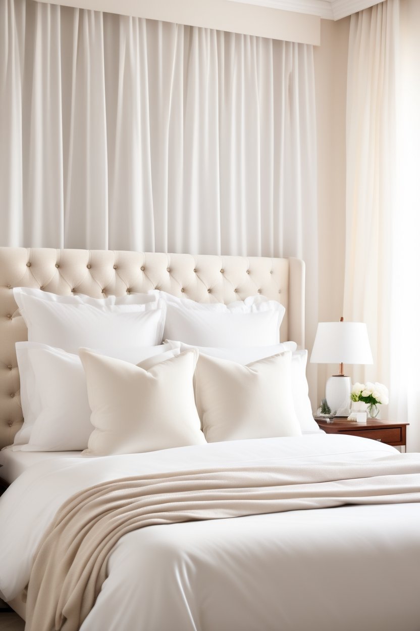 Hotel-style bedroom with crisp white bedding, layered pillows and warm table lamps