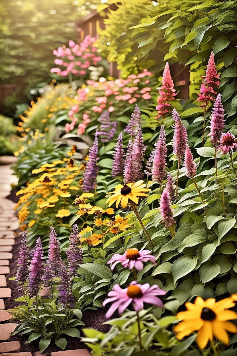 Lush perennial garden border with lavender, coneflowers, black-eyed Susans and hostas