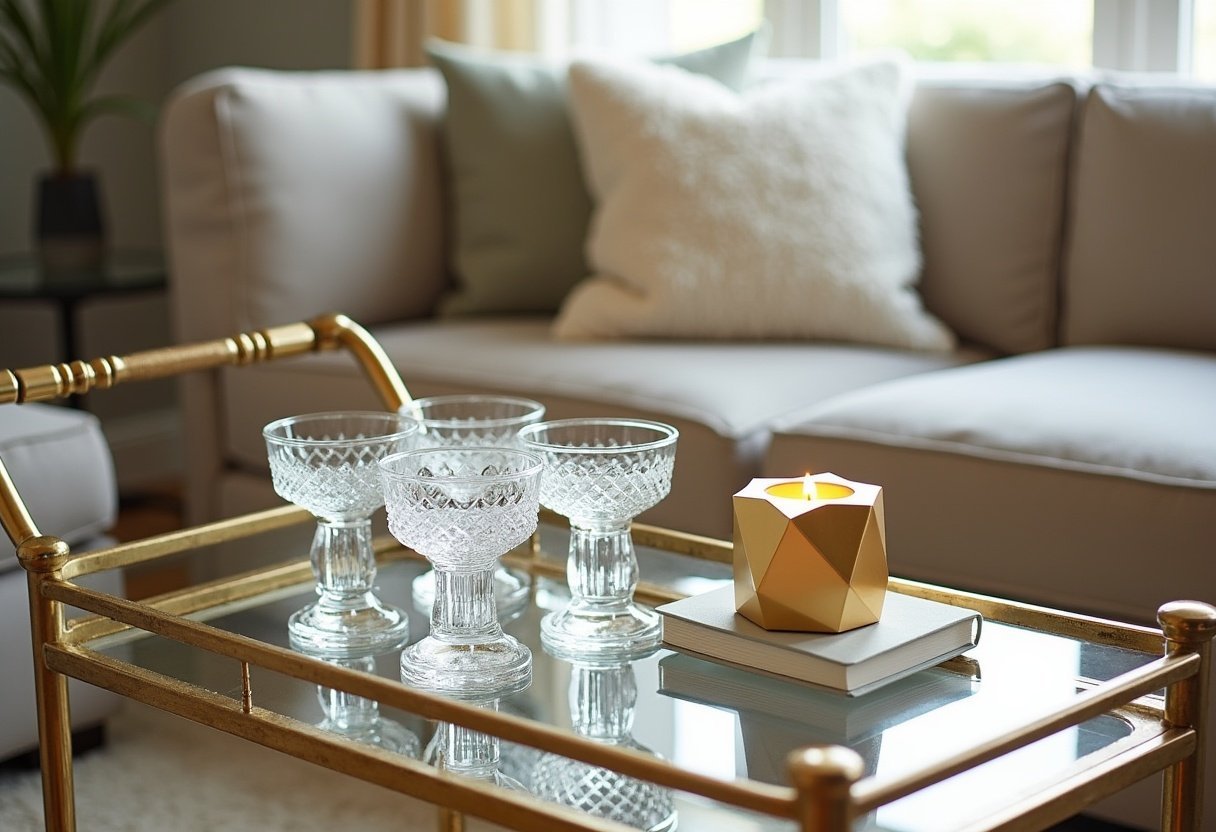 brass bar cart jewel tones art deco styling living room