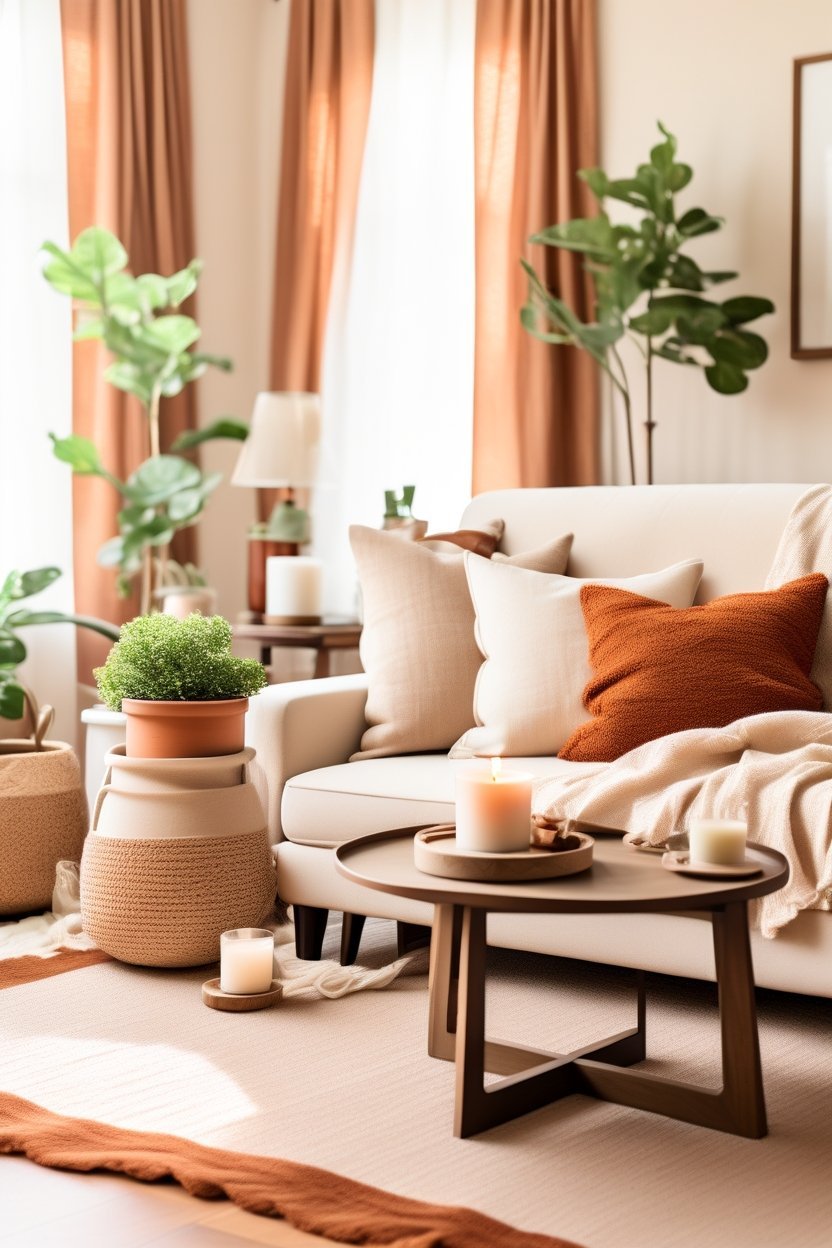 Cozy living room with cream sofa, chunky knit throws, walnut coffee table and warm lamp light