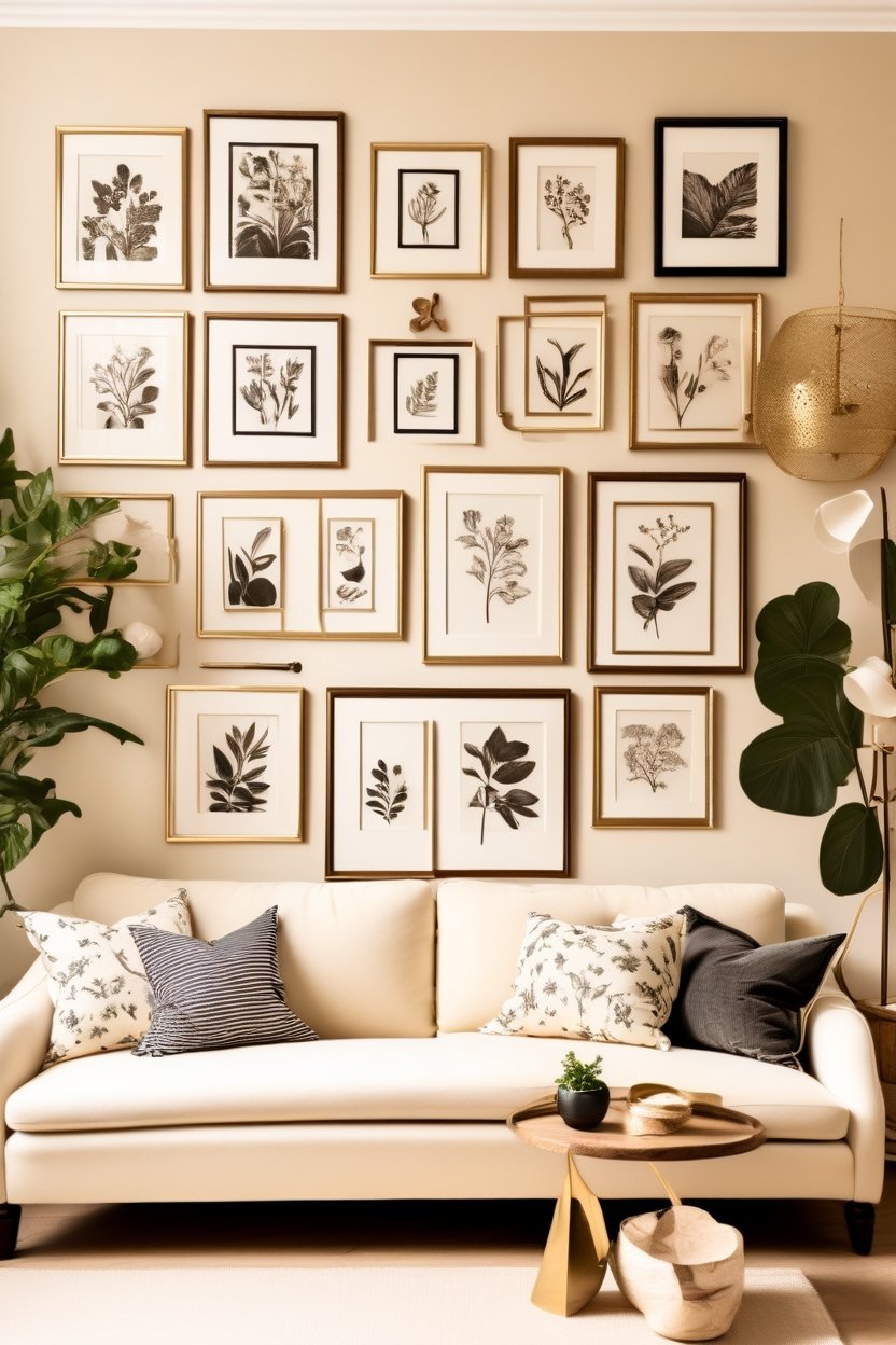 create gallery wall looks intentional above sofa