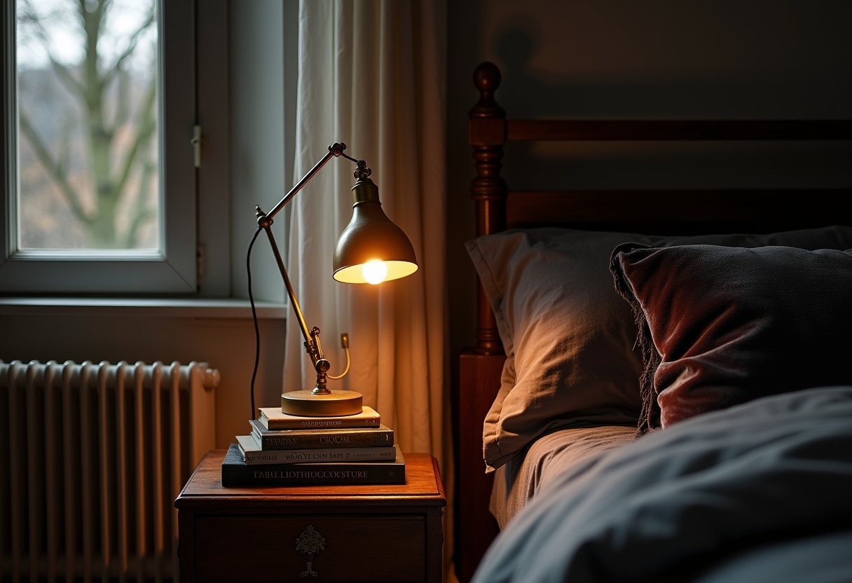 dark bedroom velvet pillow brass lamp nightstand styling