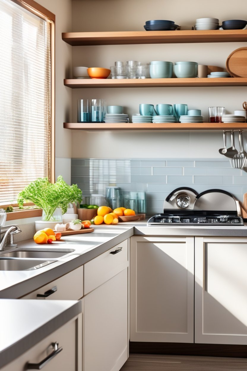 Spotlessly clean modern kitchen with gleaming countertops and organized open shelving