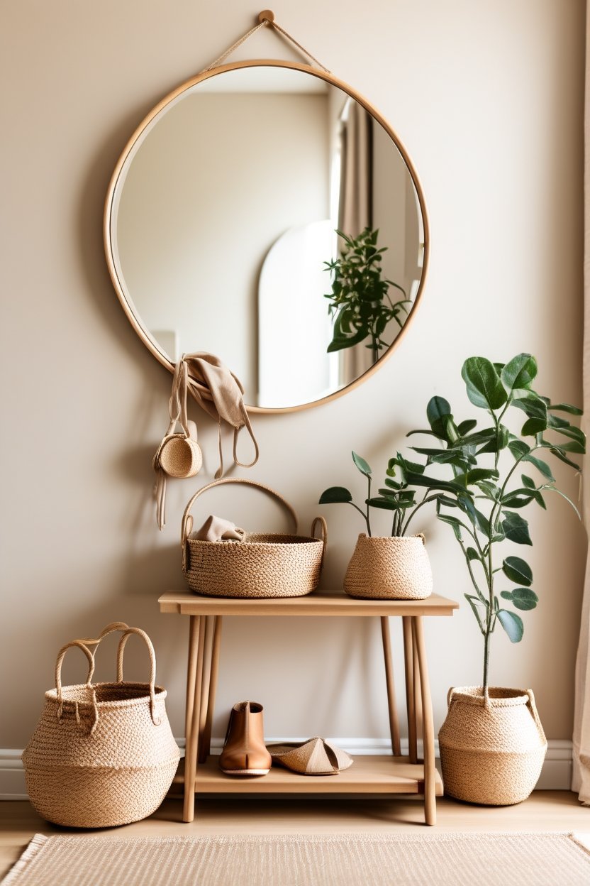 Small entryway with console table, round mirror, potted plant and woven basket for shoes