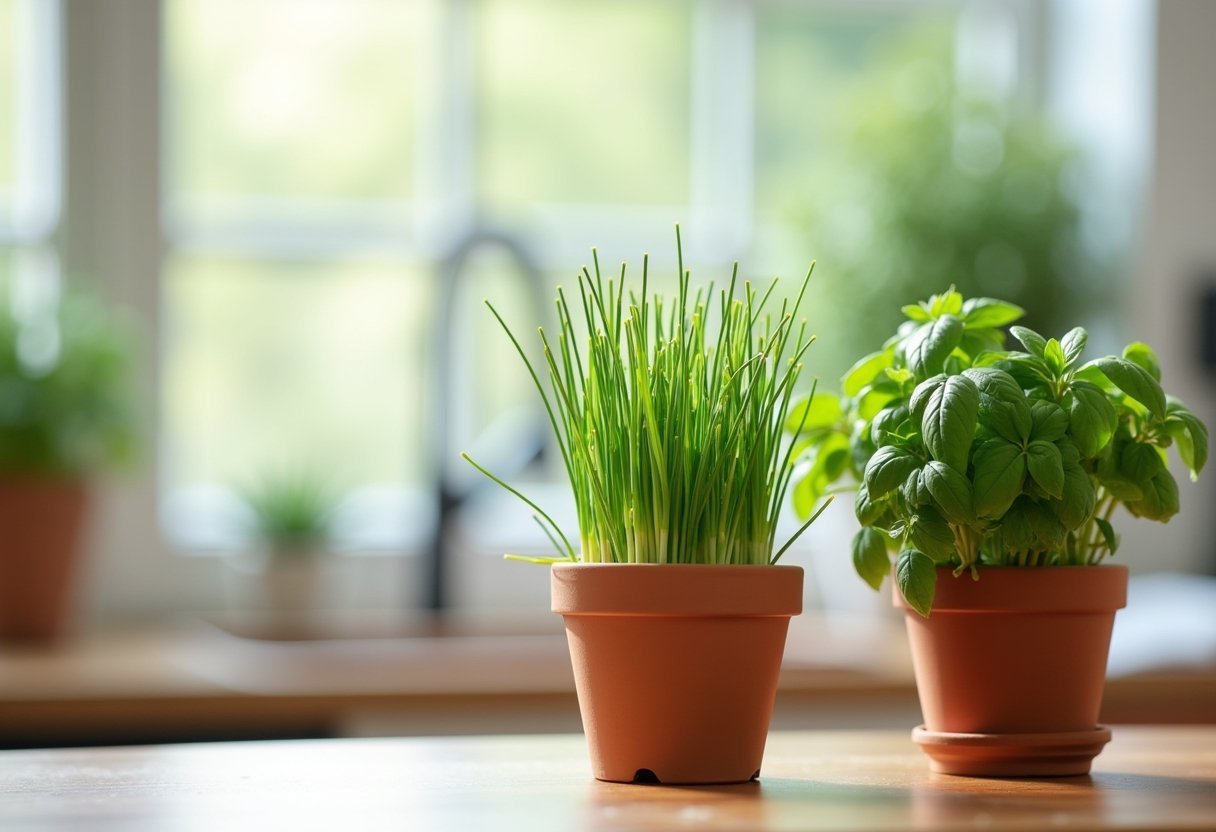 fresh herbs kitchen counter terracotta basket arrangement