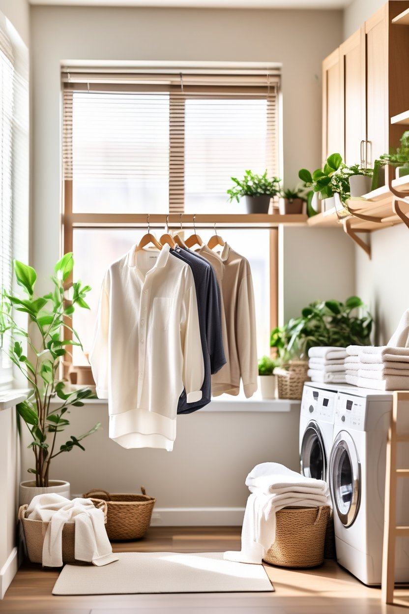 Bright organized laundry room with washer, dryer, folded towels and wooden drying rack