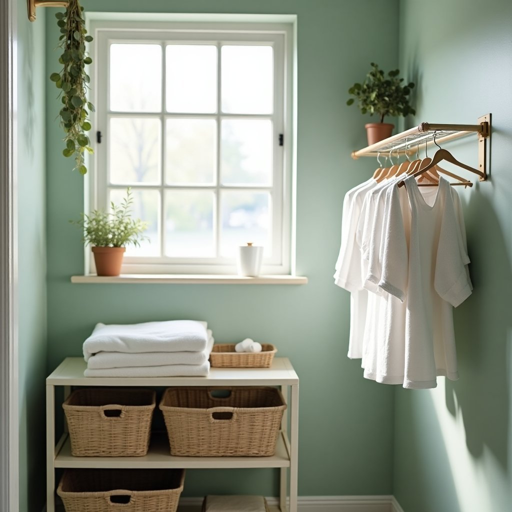 laundry room drying rack organization detail