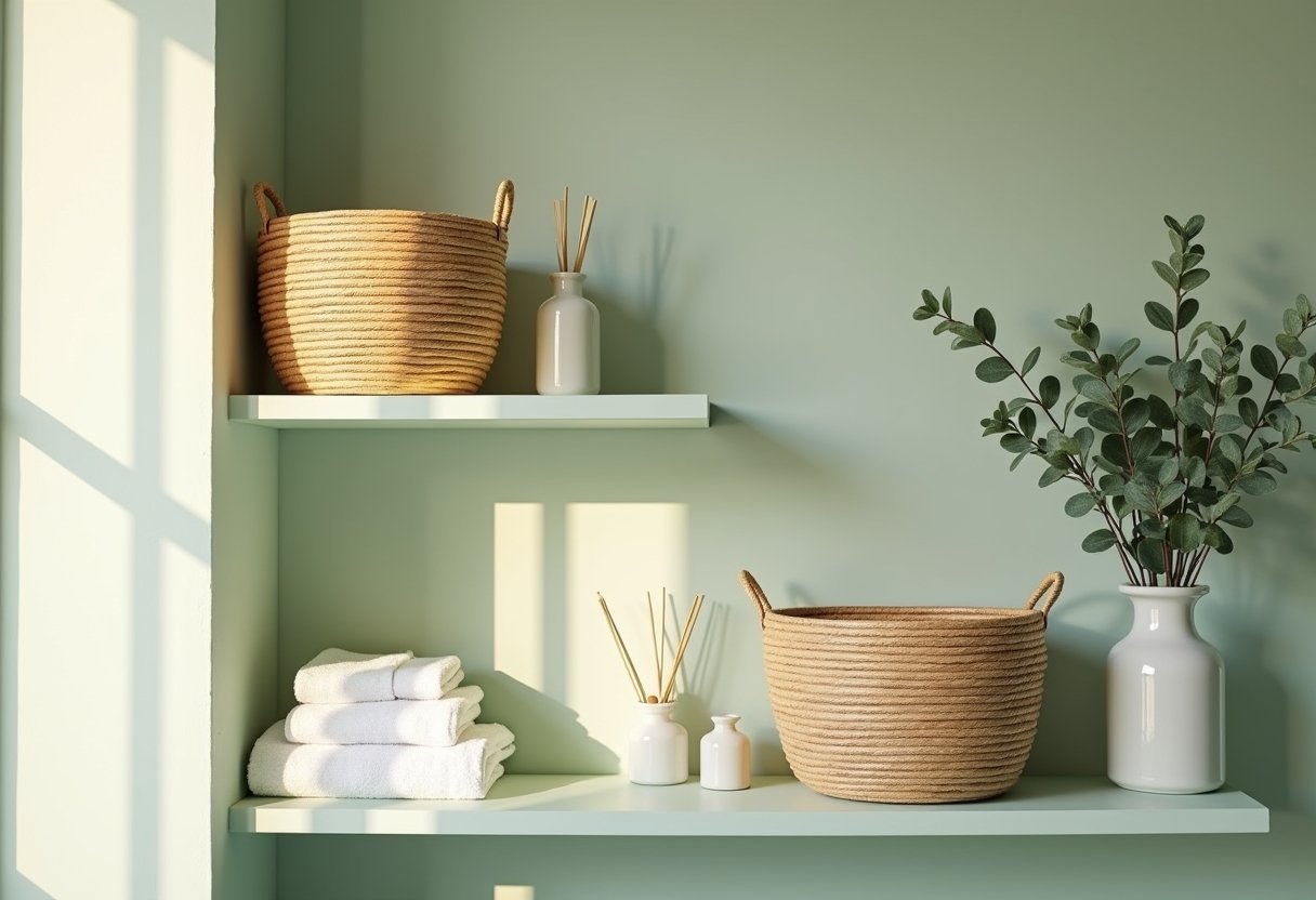 laundry room floating shelves woven baskets
