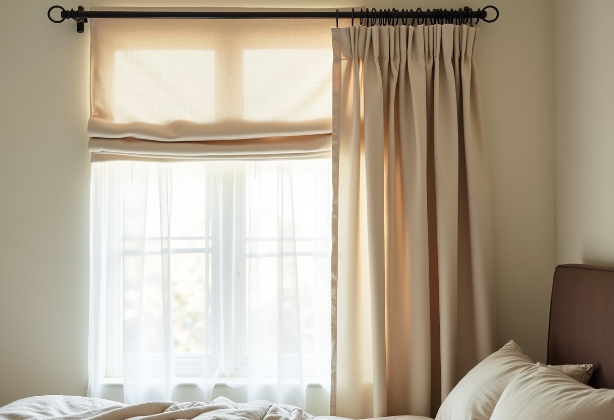layered curtains linen bedroom detail