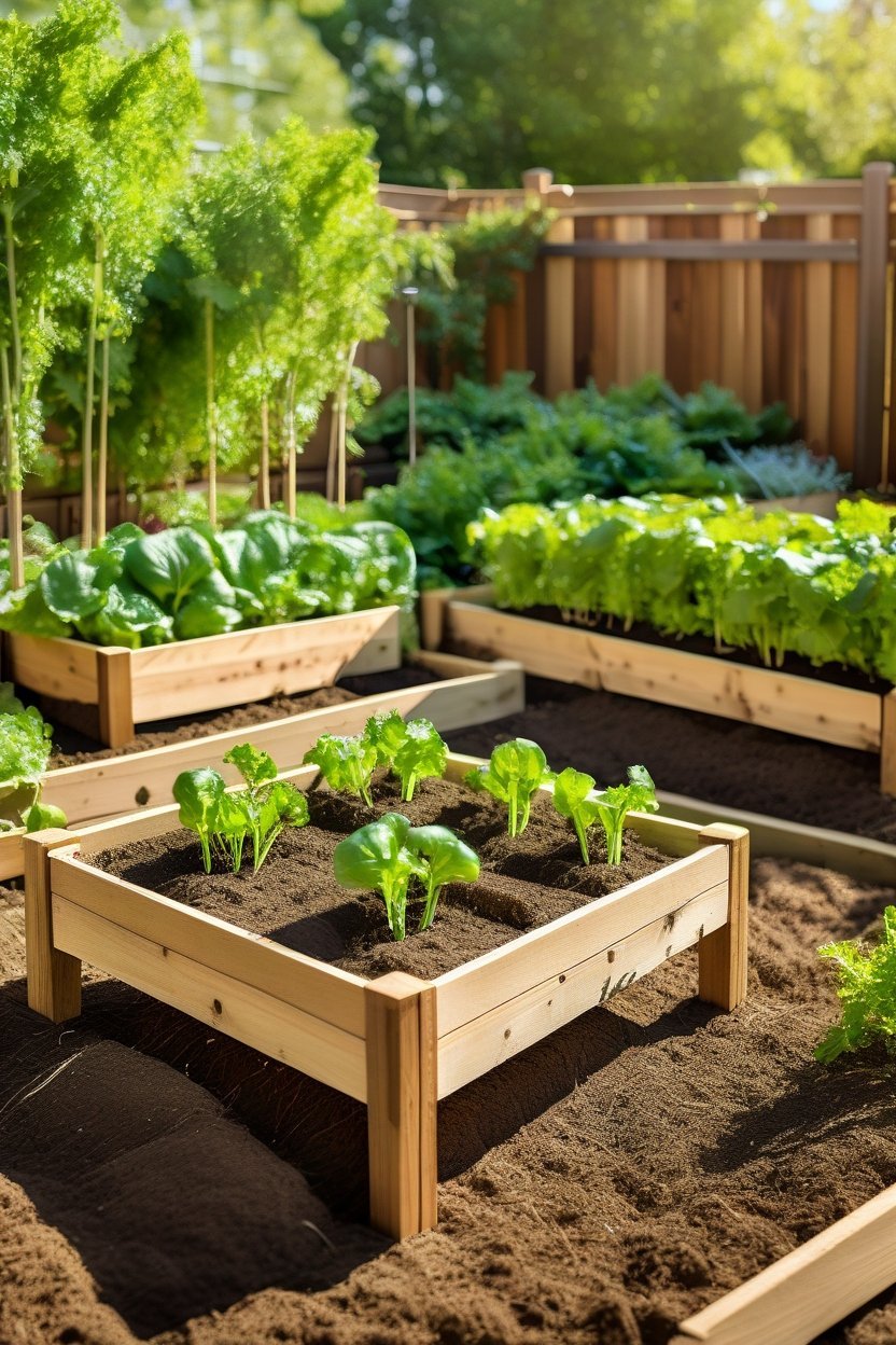 Beginner raised bed vegetable garden with tomato plants, lettuce and herbs in sunny backyard