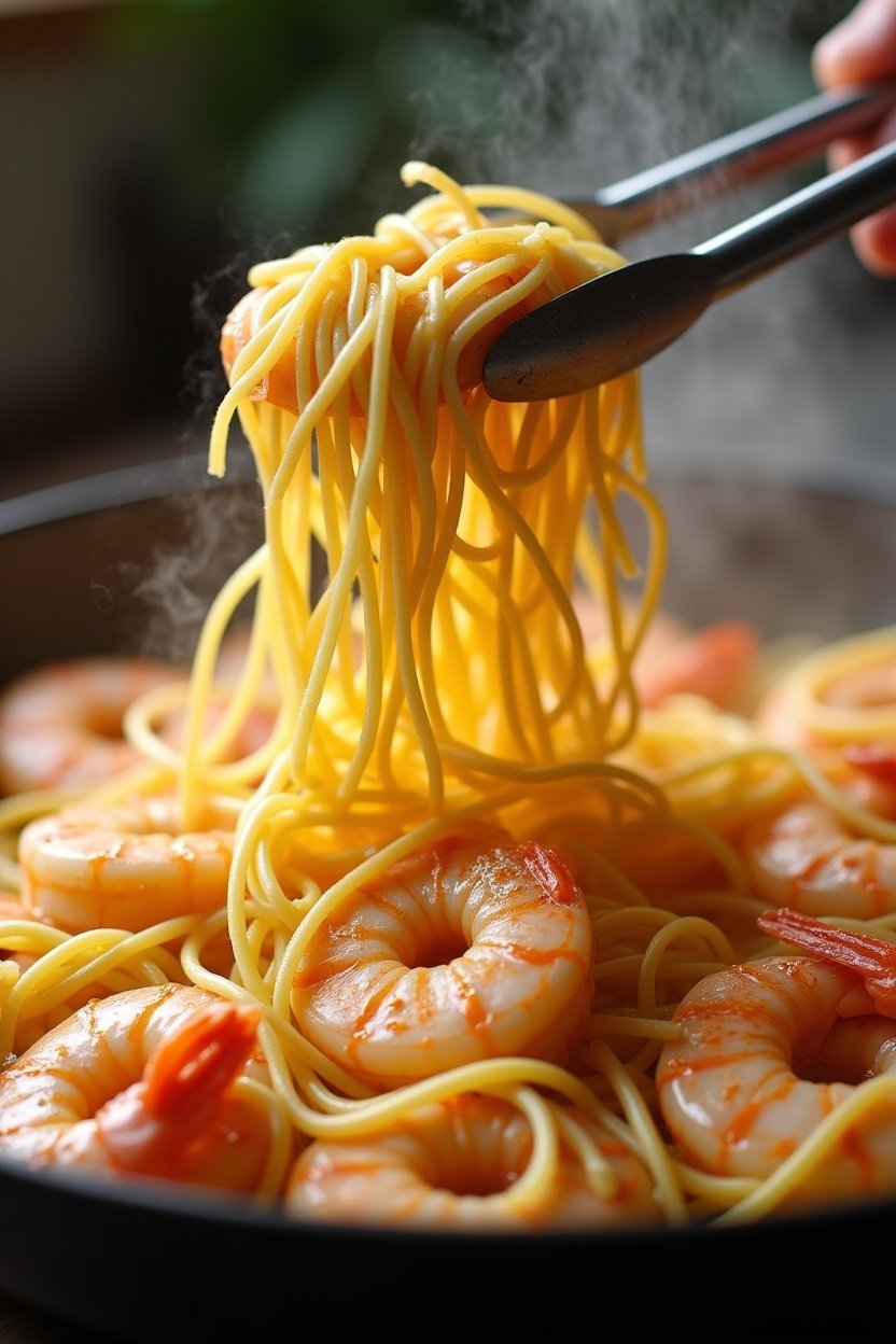 Close-up of shrimp being tossed with spaghetti in a skillet with lemon butter sauce, tongs lifting pasta, steam rising, golden warm lighting