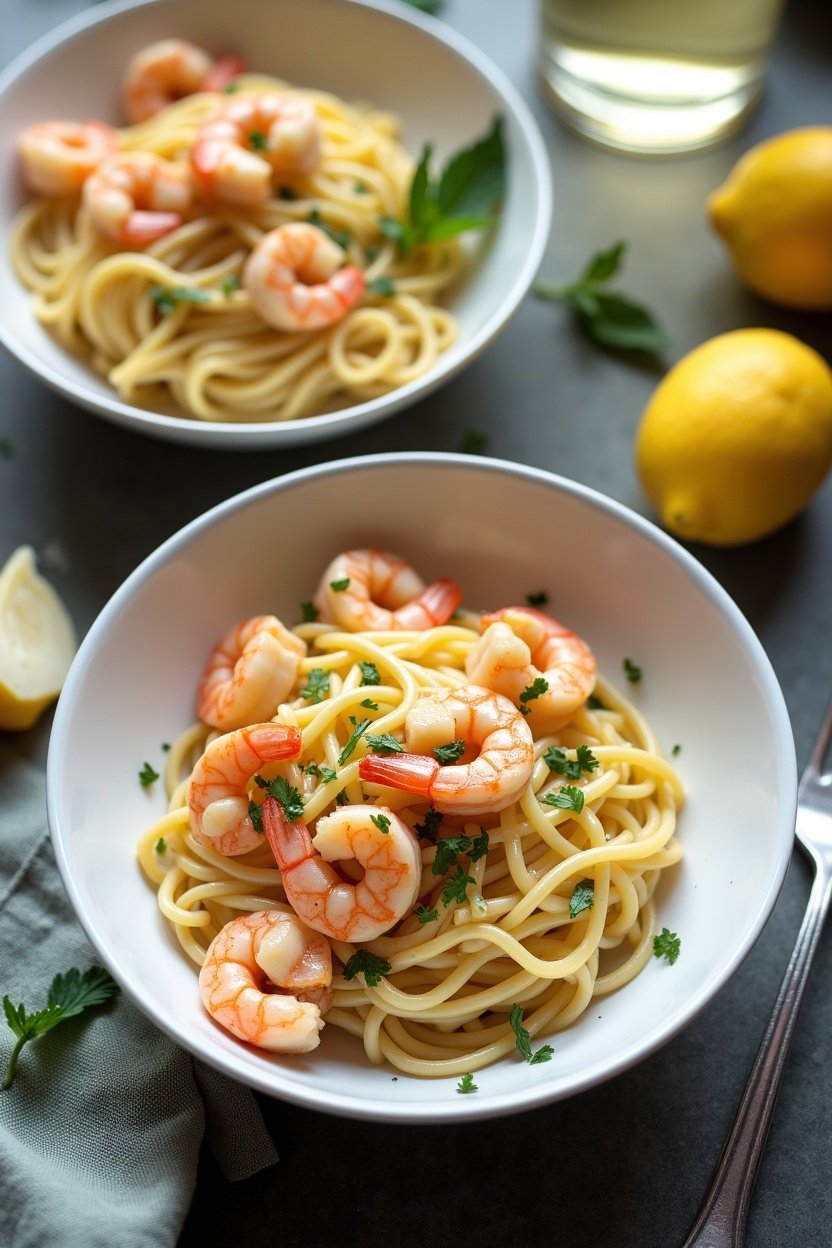 Overhead table setting with lemon butter shrimp pasta served in white bowls, fresh lemons cut in half, parmesan wedge, glass of white wine, rustic table