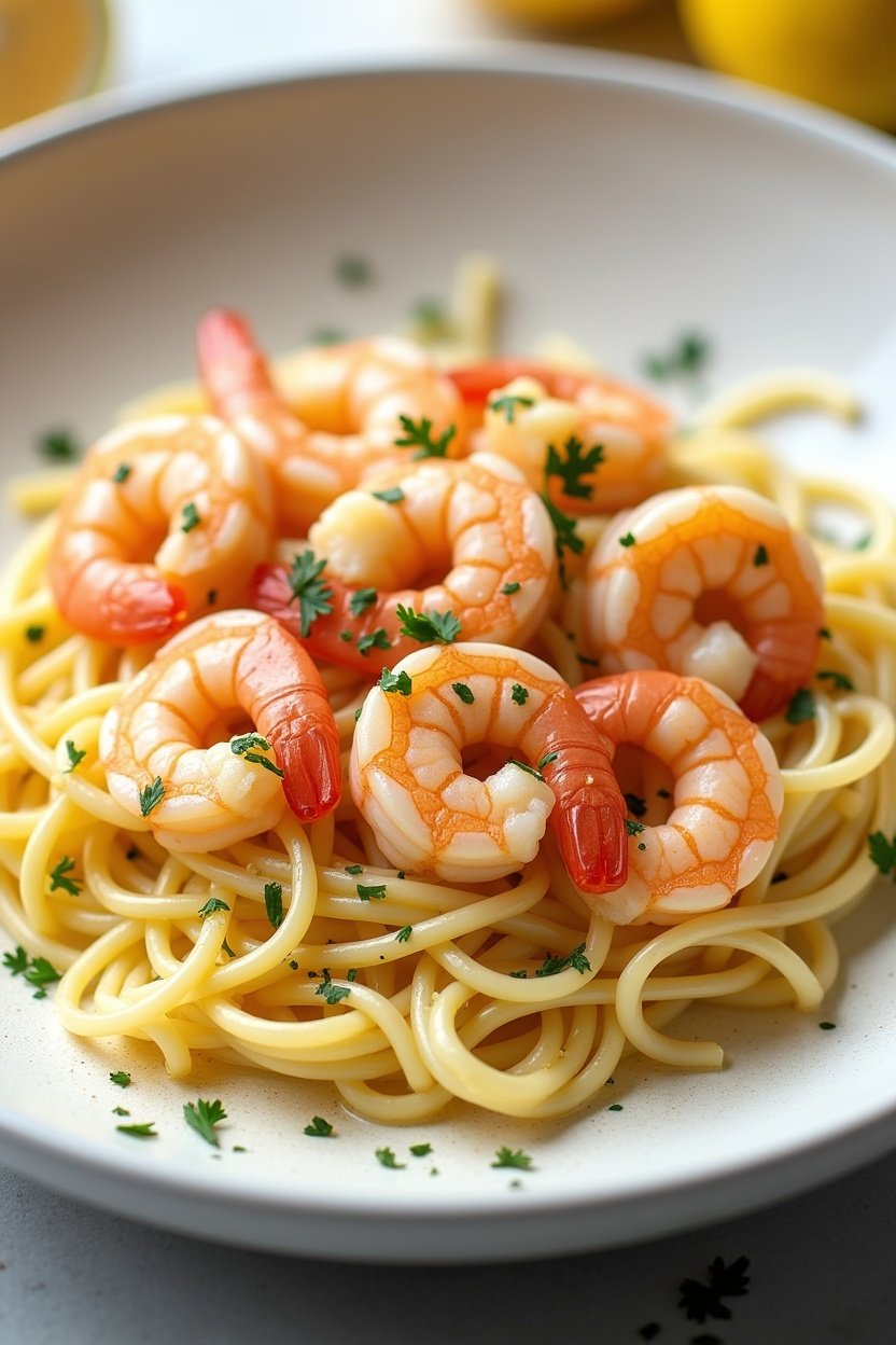 Beautiful lemon butter shrimp pasta in a large white bowl, plump pink shrimp on spaghetti glistening with butter sauce, lemon zest and fresh parsley garnish, bright and appetizing
