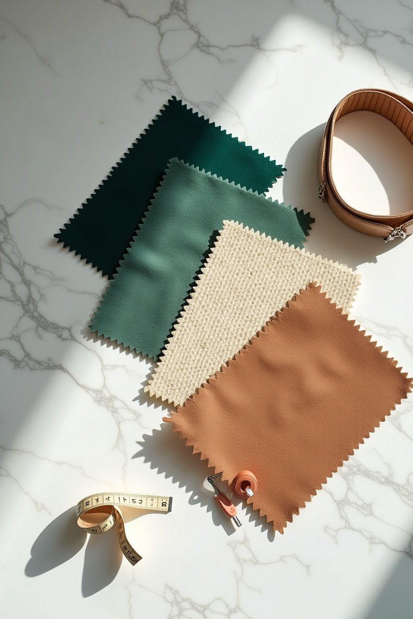 Flat lay of upholstery fabric swatches on white marble surface: velvet in emerald green, boucle in cream, linen in oatmeal, leather in camel, arranged artfully with measuring tape, bright