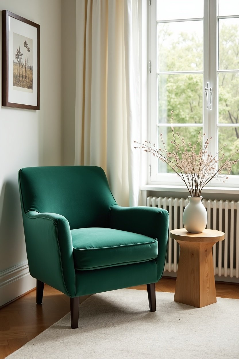 Elegant velvet accent chair in emerald green tucked into a bright living room corner, round side table with ceramic vase, soft neutral rug, warm from tall window