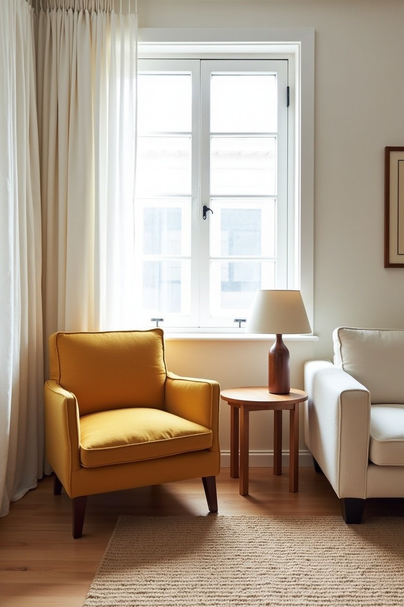 Styled living room vignette showing mid-century modern accent chair in mustard fabric next to a cream sofa, wooden side table with table lamp, woven area rug, cohesive neutral color palette