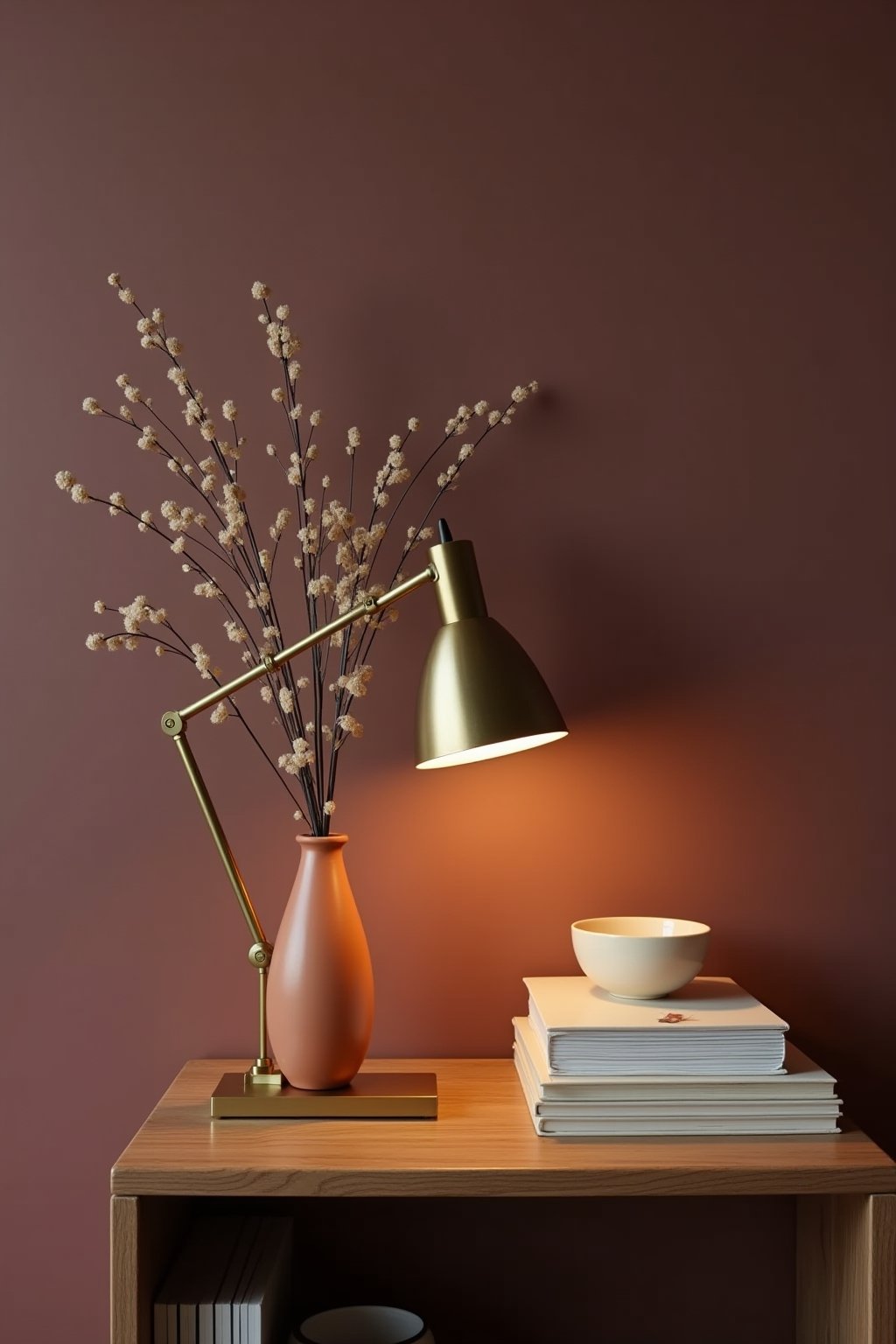 Close-up styling vignette on a walnut side table against an aubergine wall, brass table lamp with warm glow, small terracotta vase with dried flowers, stack of books, cream ceramic bowl, shallow de...