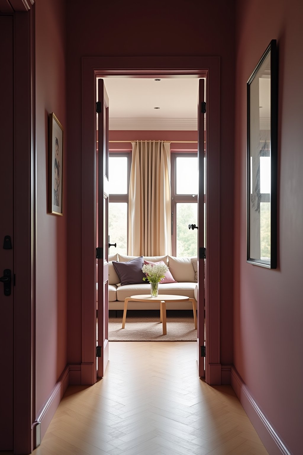 View from hallway doorway into an aubergine living room showing depth and atmosphere, cream sofa visible in background, warm natural daylight from large window, painted aubergine door frame matchin...
