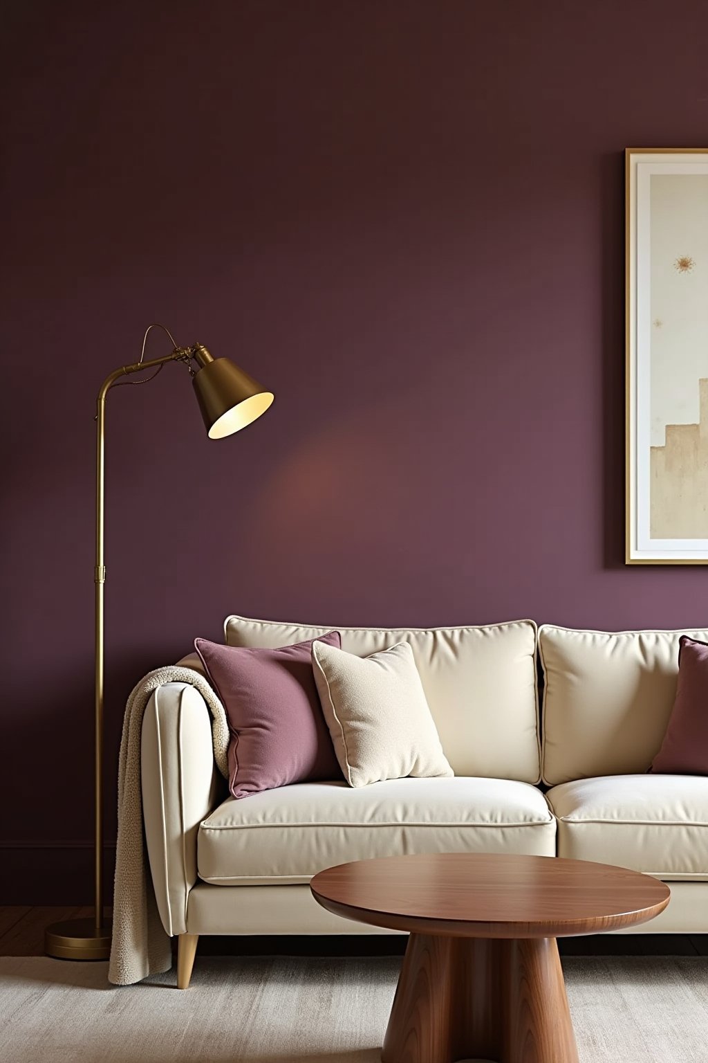 An elegant living room with deep aubergine purple accent wall behind a cream colored velvet sofa, brass floor lamp, gold framed art on the wall, natural walnut coffee table, cream throw blanket, wa...