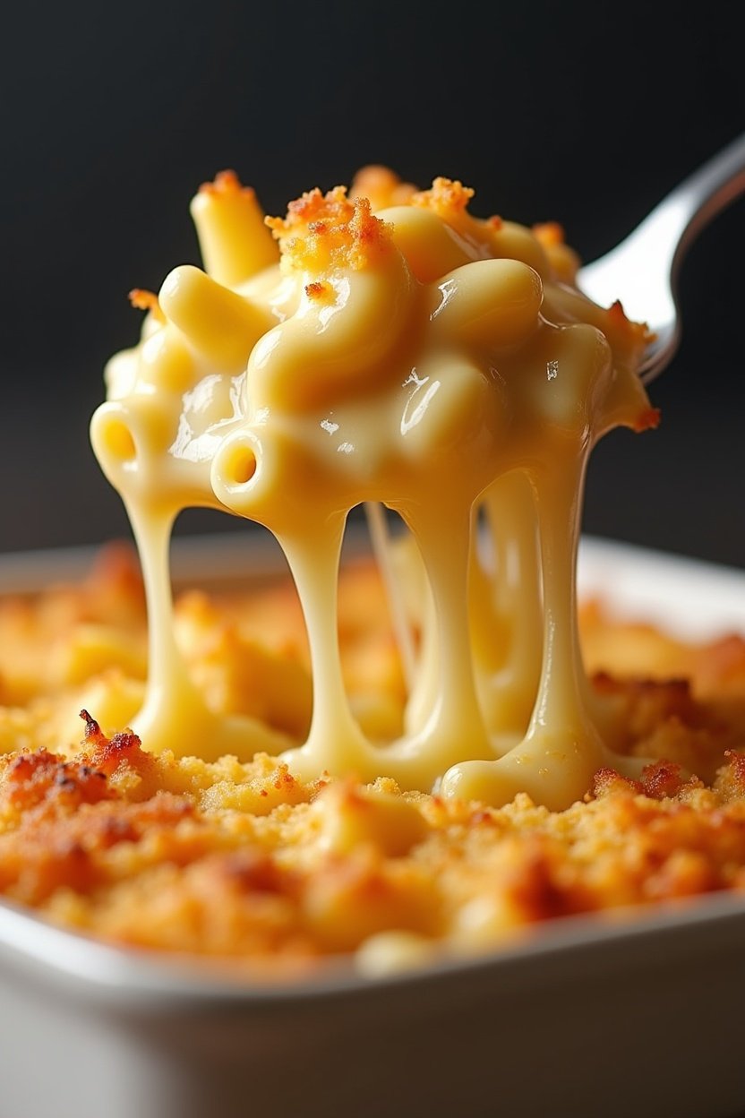 Spoonful of creamy baked mac and cheese being lifted from the baking dish, stretchy melted cheese pulling, golden breadcrumb crust, comfort food close-up