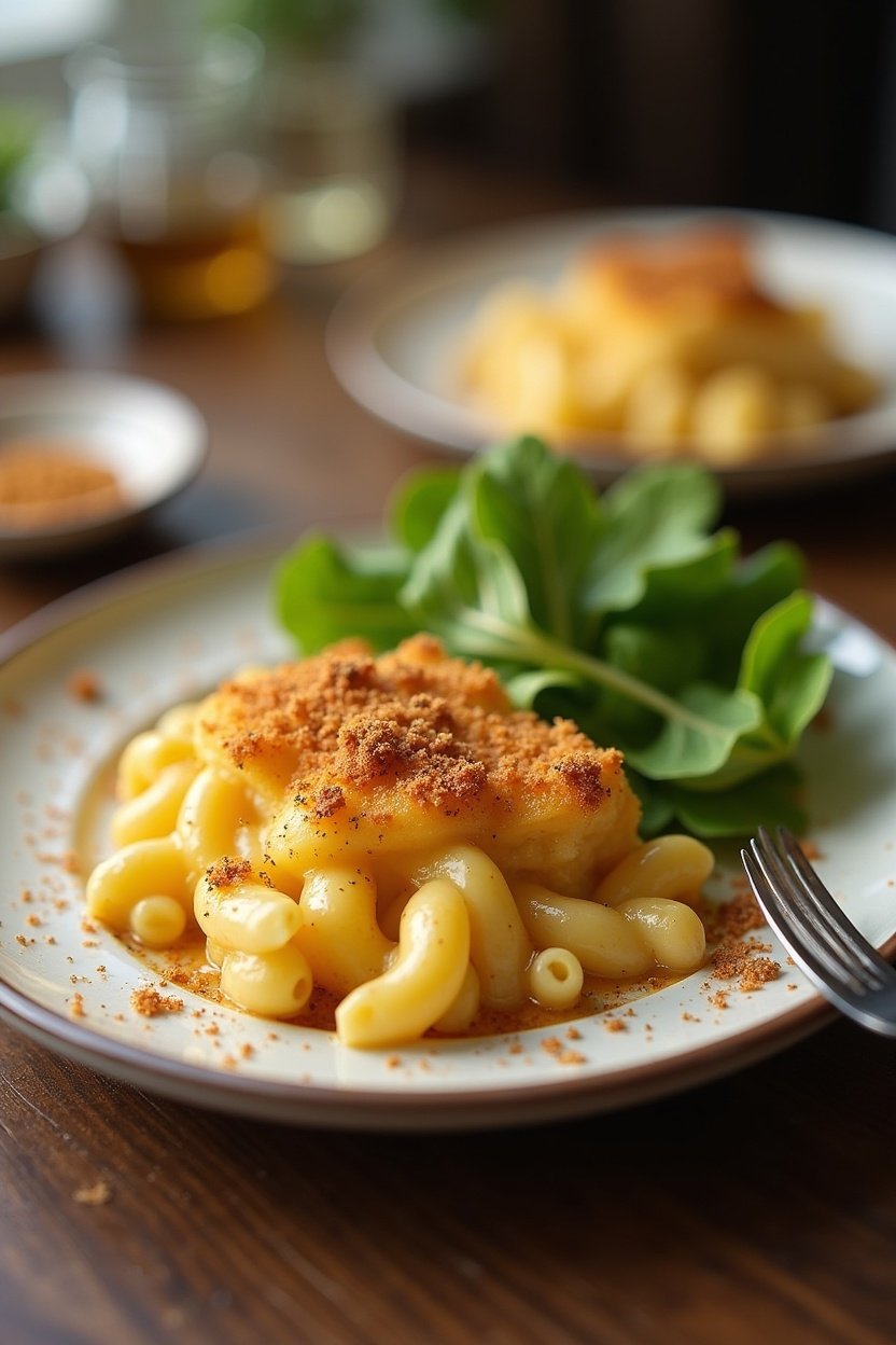 Plate of baked mac and cheese served alongside a simple green salad, breadcrumb crust visible, warm dinner setting, comfort food photography