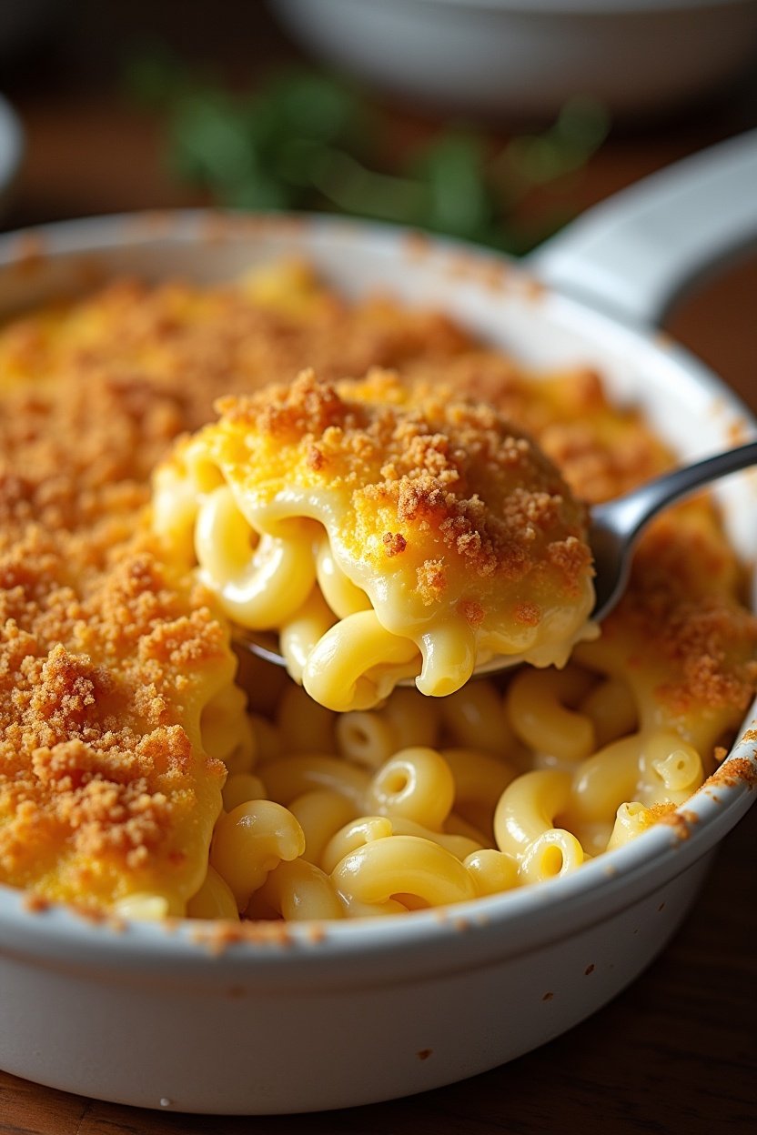 Golden baked mac and cheese in a baking dish, crispy breadcrumb topping, creamy cheese sauce visible where a scoop has been taken out, comfort food, warm kitchen lighting
