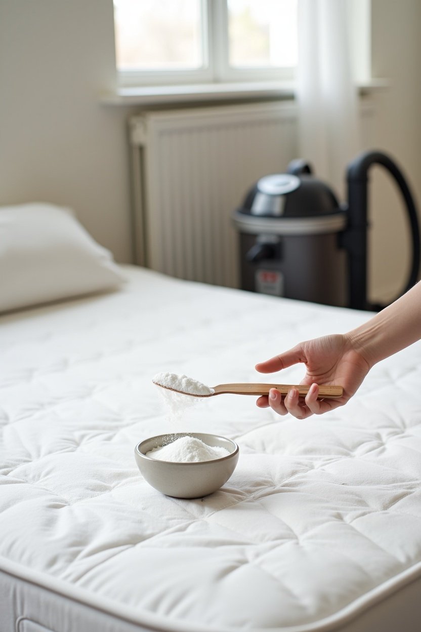 Baking soda sprinkled generously over bare white mattress surface in bright bedroom, small bowl of baking soda with wooden spoon nearby, vacuum cleaner visible in background, natural cleaning process