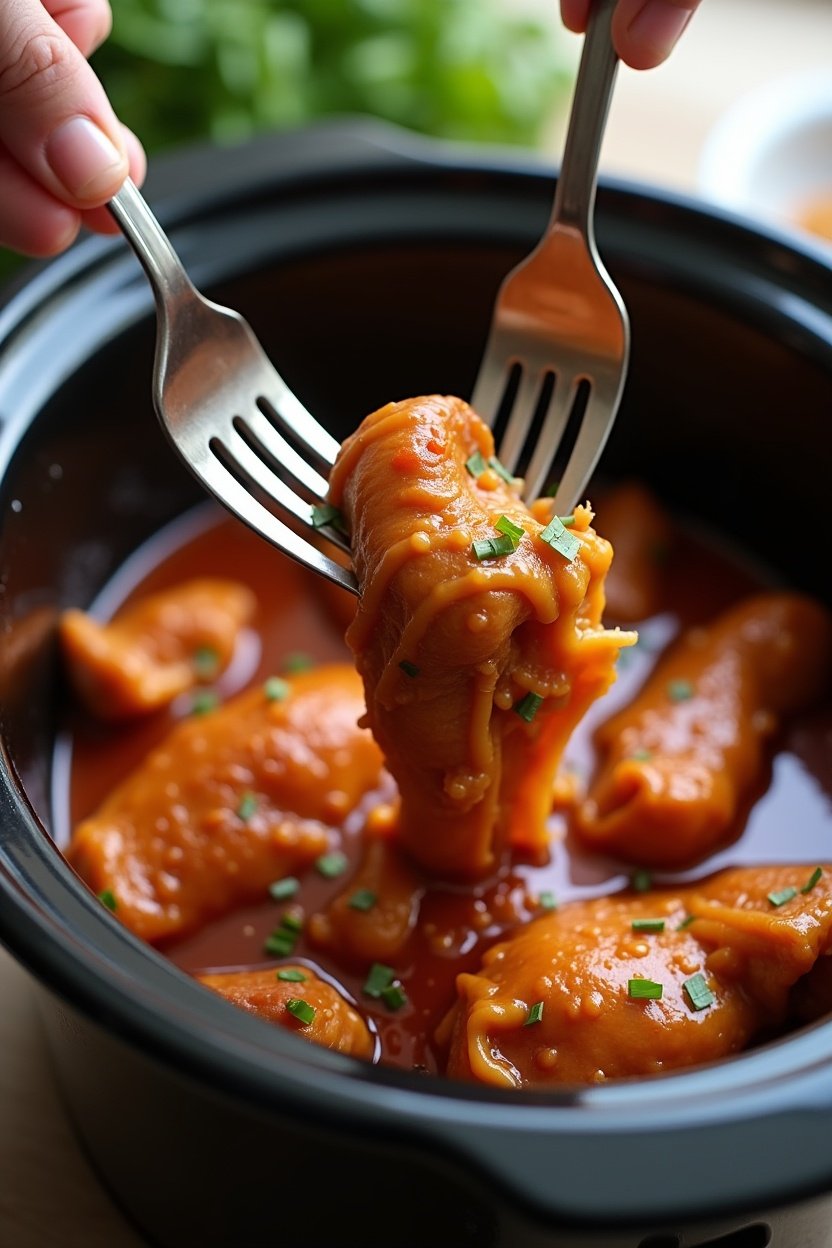 Chicken being shredded with two forks in a slow cooker, tender pulled chicken in BBQ sauce, kitchen scene
