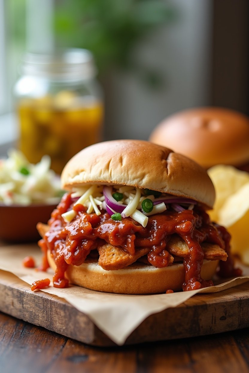 BBQ pulled chicken sandwich spread with coleslaw bowl, pickle jar, toasted buns, potato chips on the side, casual summer dinner setting