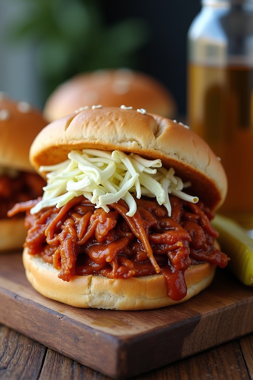 BBQ pulled chicken sandwich on a toasted bun with creamy coleslaw on top, smoky pulled chicken glistening with barbecue sauce, pickle on the side, rustic wooden board