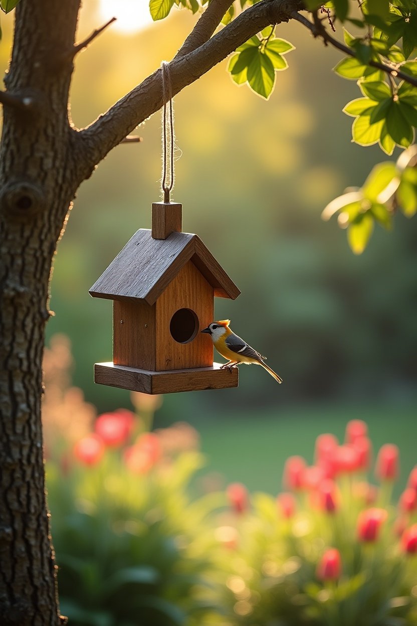 Charming wooden bird feeder hanging from tree branch in lush backyard garden, small colorful songbird (chickadee or cardinal) perched on feeder, flowers and shrubs in background, morning light