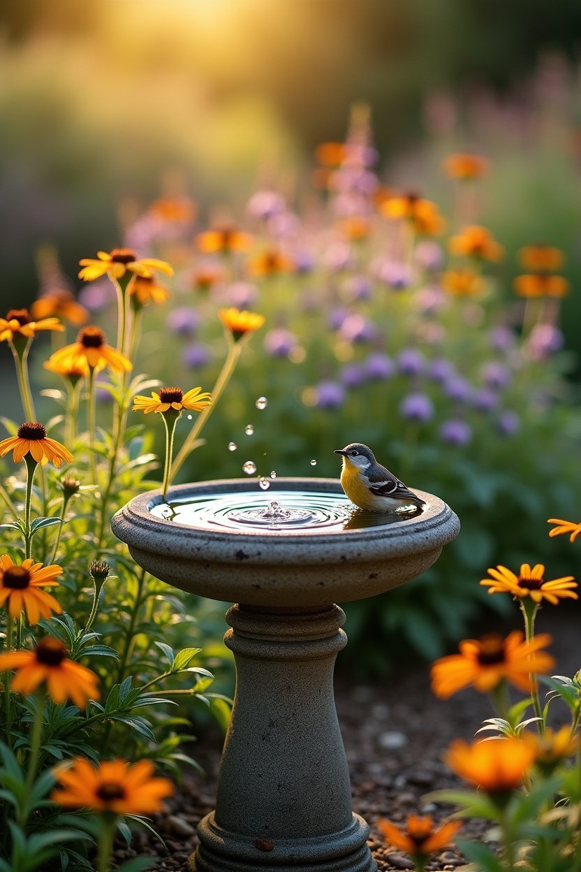 Stone birdbath in sunny garden surrounded by flowering native plants, small bird splashing in shallow water, coneflowers and black-eyed susans nearby, peaceful garden scene