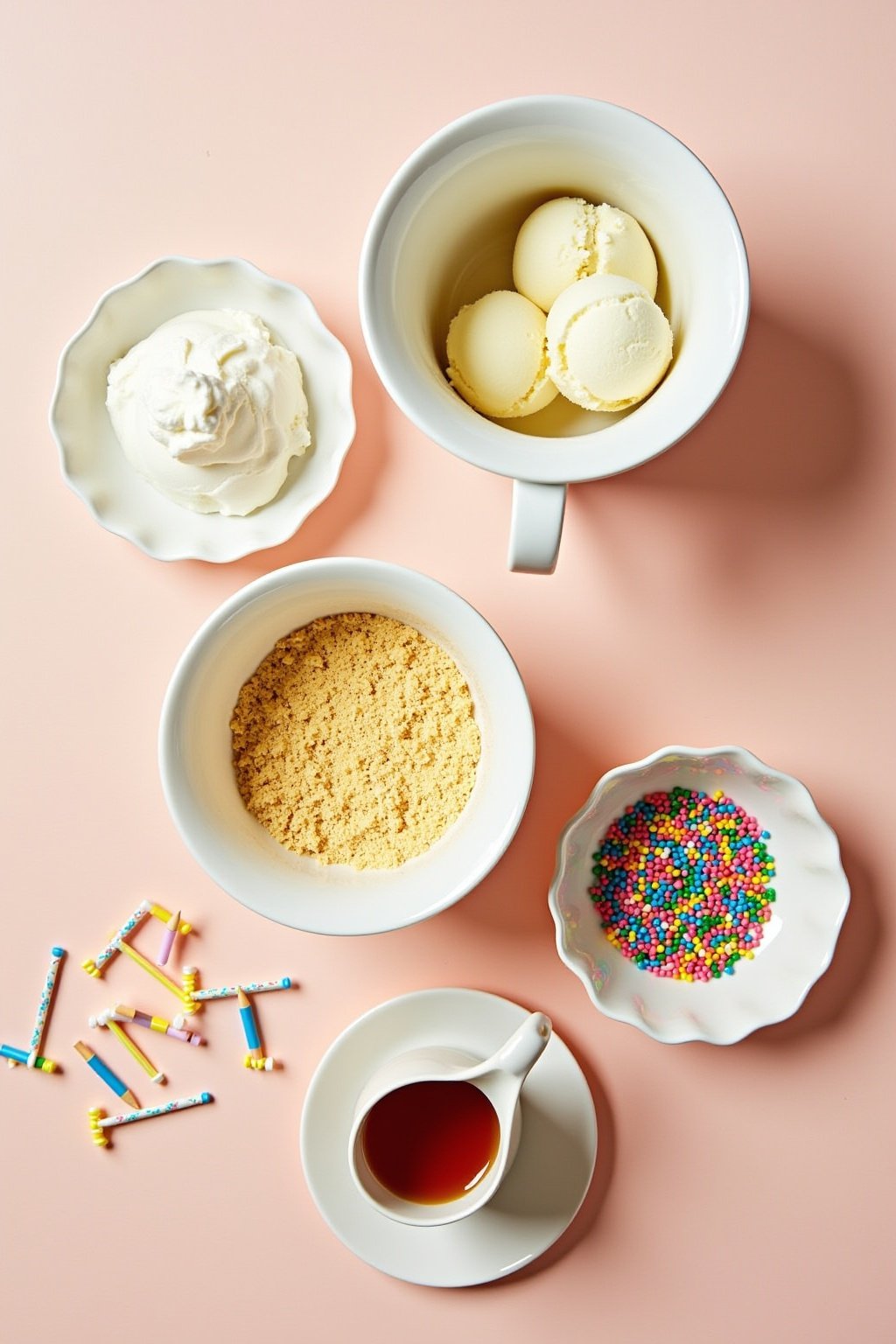 Flat lay of birthday cake milkshake ingredients on a pastel surface, bowl of vanilla ice cream, small bowl of dry yellow cake mix, rainbow sprinkles in multiple small bowls, small pitcher of milk, ...