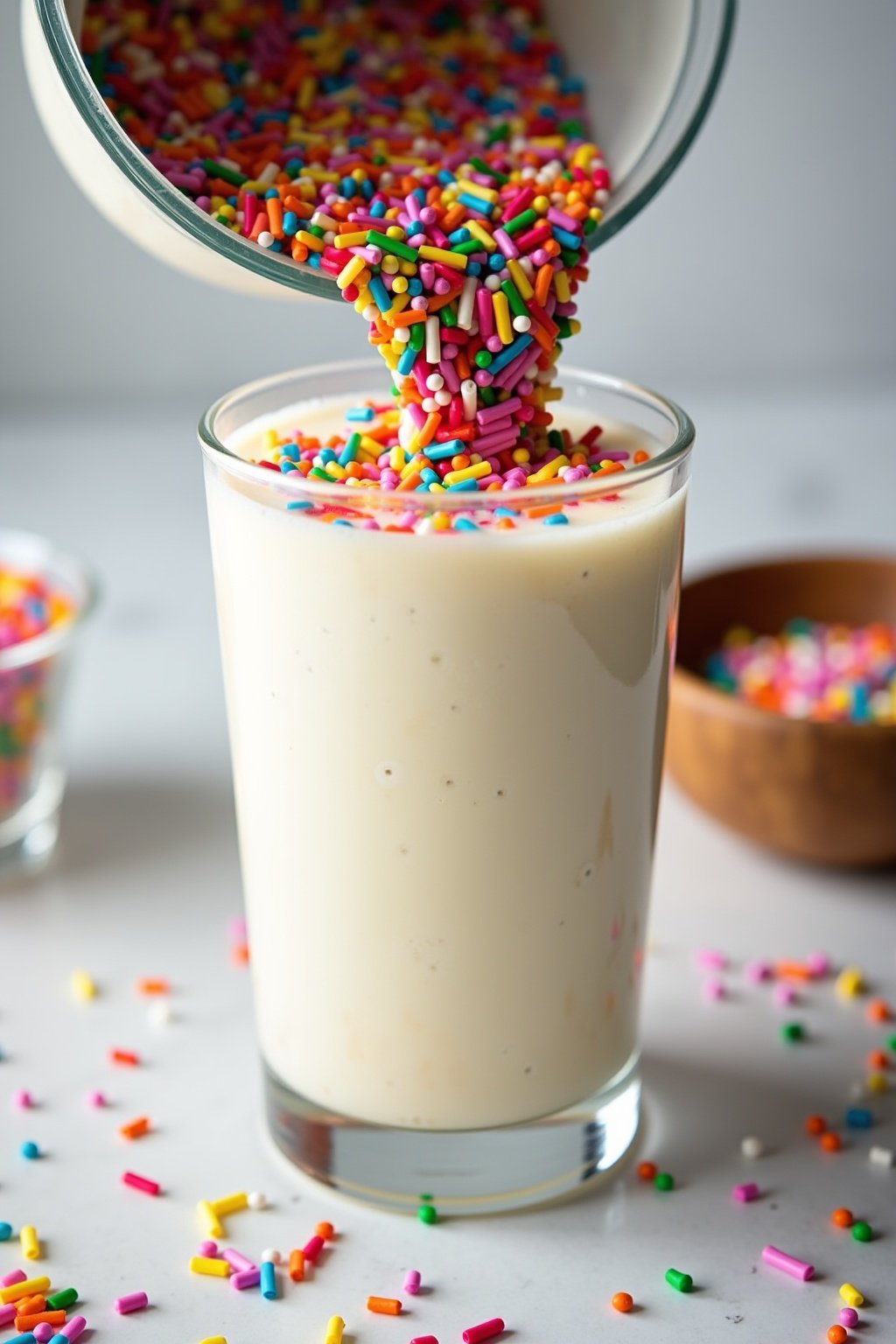 Rainbow sprinkles being poured into a blender full of creamy white vanilla milkshake, colorful sprinkles cascading and mixing into the shake creating rainbow swirls, festive and fun action shot, br...