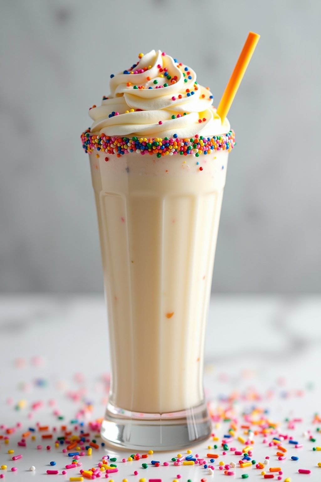 Tall birthday cake funfetti milkshake in a clear glass with rainbow sprinkle rim and colorful straw, creamy vanilla shake with rainbow sprinkles visible throughout, condensation and frost on the gl...