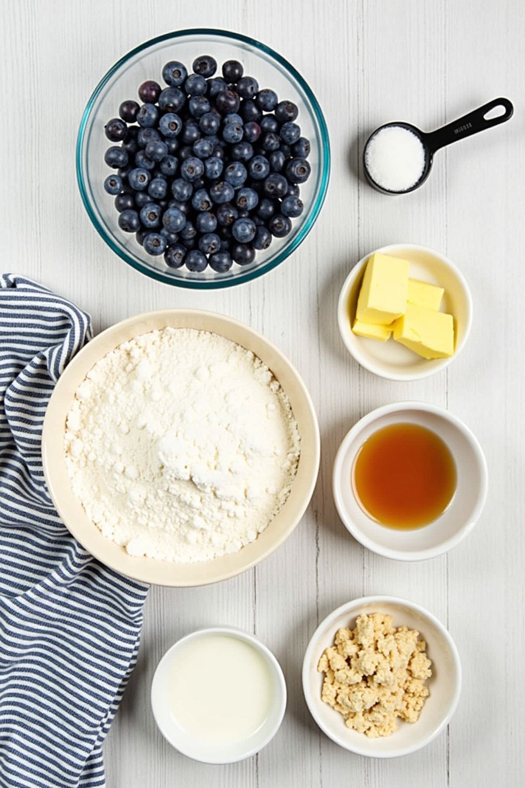 Flat lay of blueberry muffin ingredients on a light wooden surface, bowl of fresh blueberries, flour in a measuring cup, sugar, eggs, butter, milk, baking powder, vanilla extract, small bowl with c...