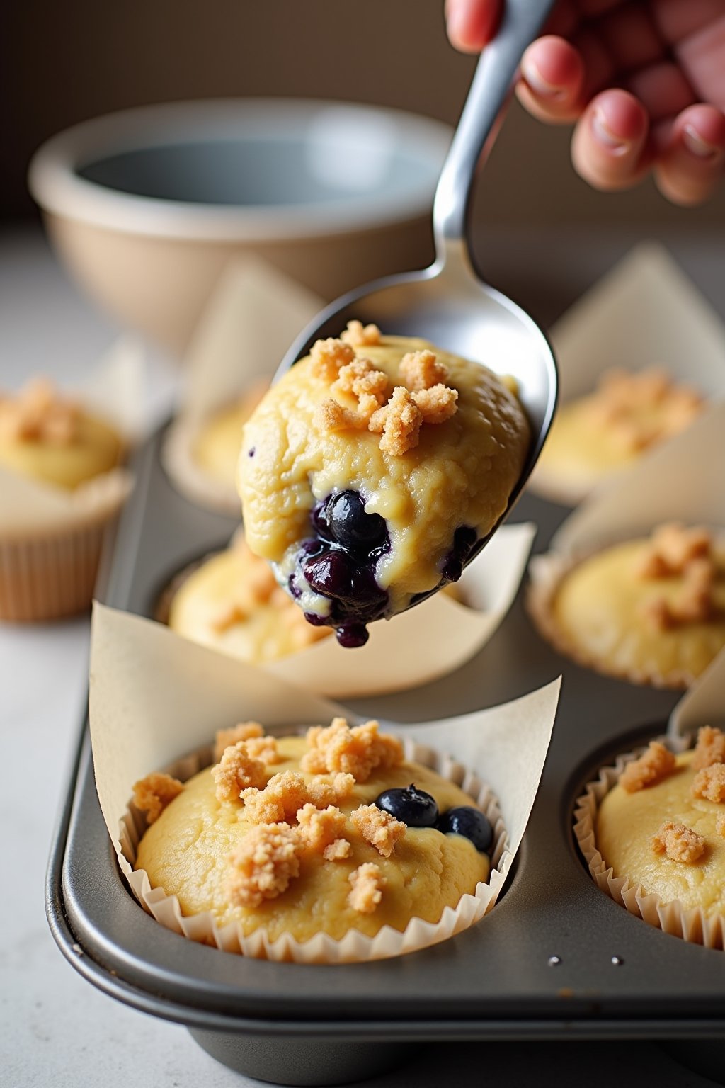 Action shot of spooning blueberry muffin batter into a paper-lined muffin tin, thick golden batter with blueberries visible, crumble topping being sprinkled on top, kitchen baking scene, warm brigh...