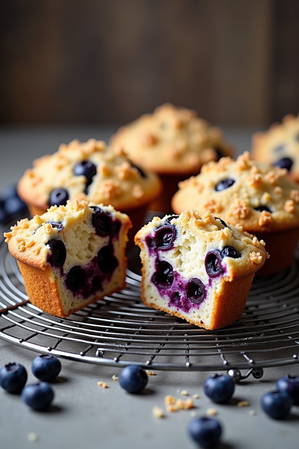 Beautiful tall blueberry crumble muffins on a wire cooling rack, golden brown domed tops with crumbly streusel topping, blueberries bursting through the surface, one muffin broken open showing tend...