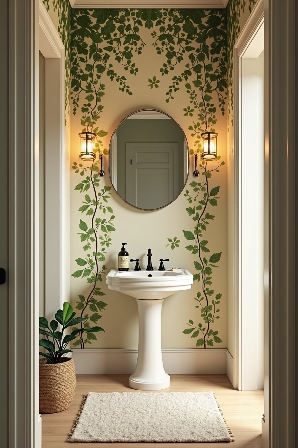 View of a powder room with botanical wall mural, green vines and leaves climbing up cream colored wall around a round mirror, small pedestal sink, warm lighting, artistic and charming hand-painted ...