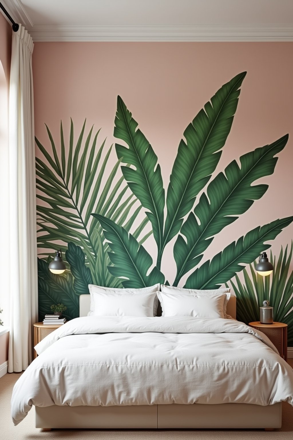 A beautiful hand-painted botanical wall mural in a bright bedroom, oversized green monstera and palm leaves painted on a soft blush pink wall, behind a bed with white linen bedding, natural dayligh...