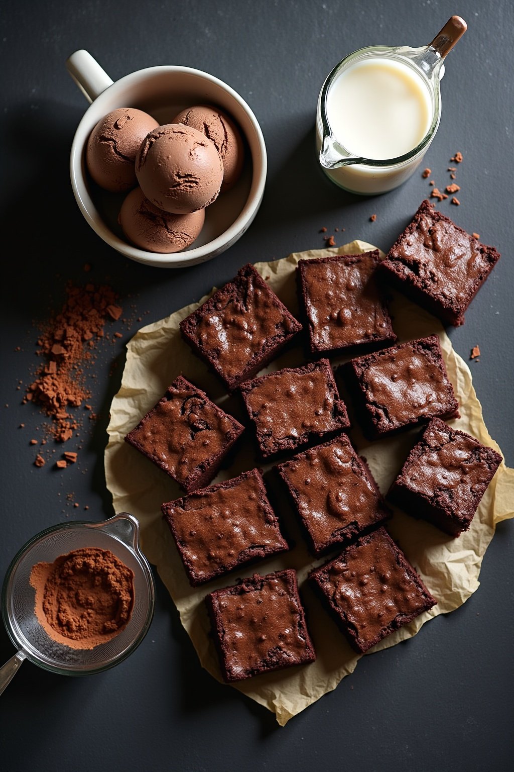 Flat lay of brownie batter milkshake ingredients on a dark slate surface, fudgy brownies cut into pieces, bowl of chocolate ice cream, cocoa powder in a small sifter, bottle of chocolate syrup, sma...