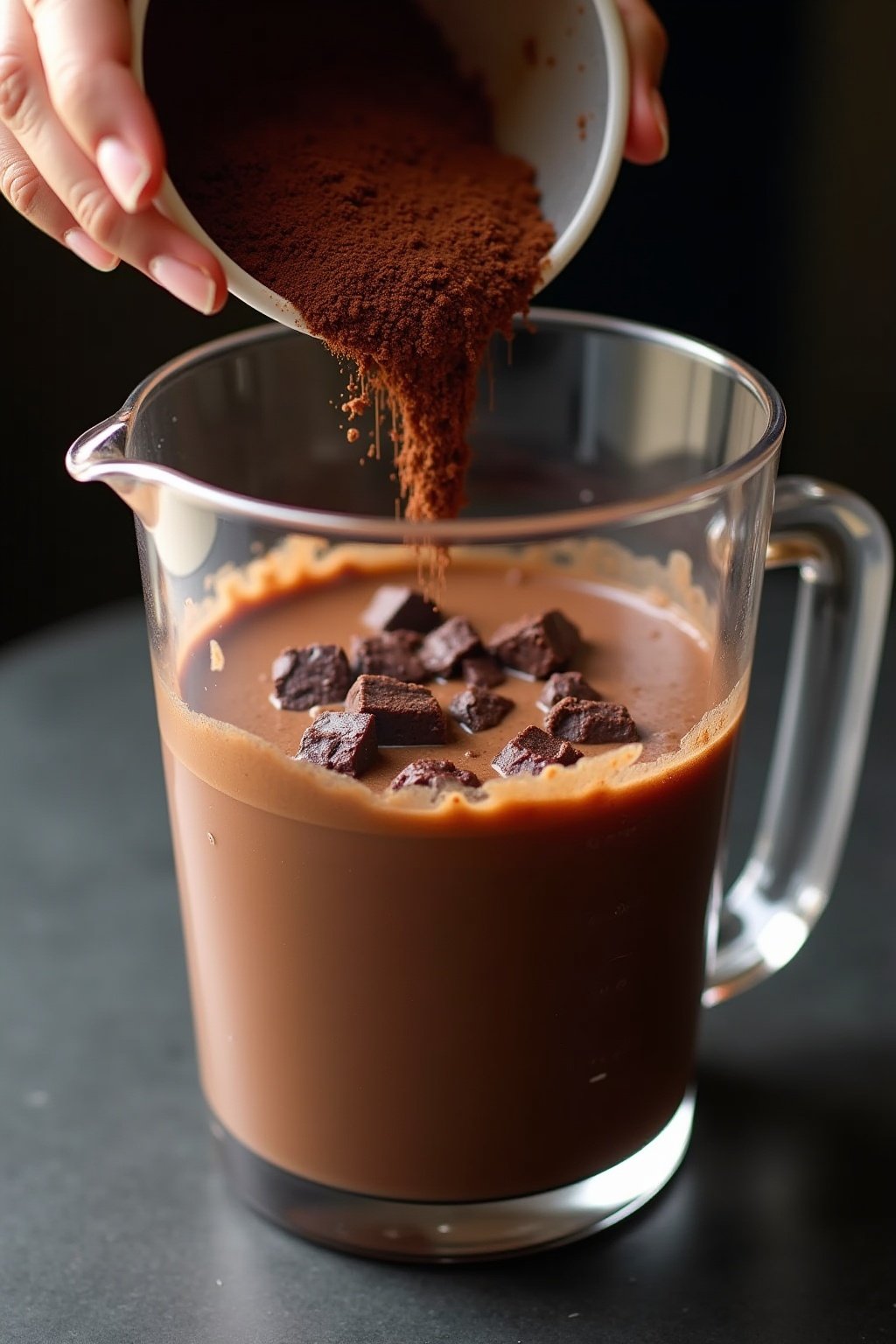 Fudgy brownie pieces and cocoa powder being added to a blender full of chocolate ice cream and milk, rich dark chocolate mixture forming, brownie chunks visible in the thick batter-like blend, kitc...