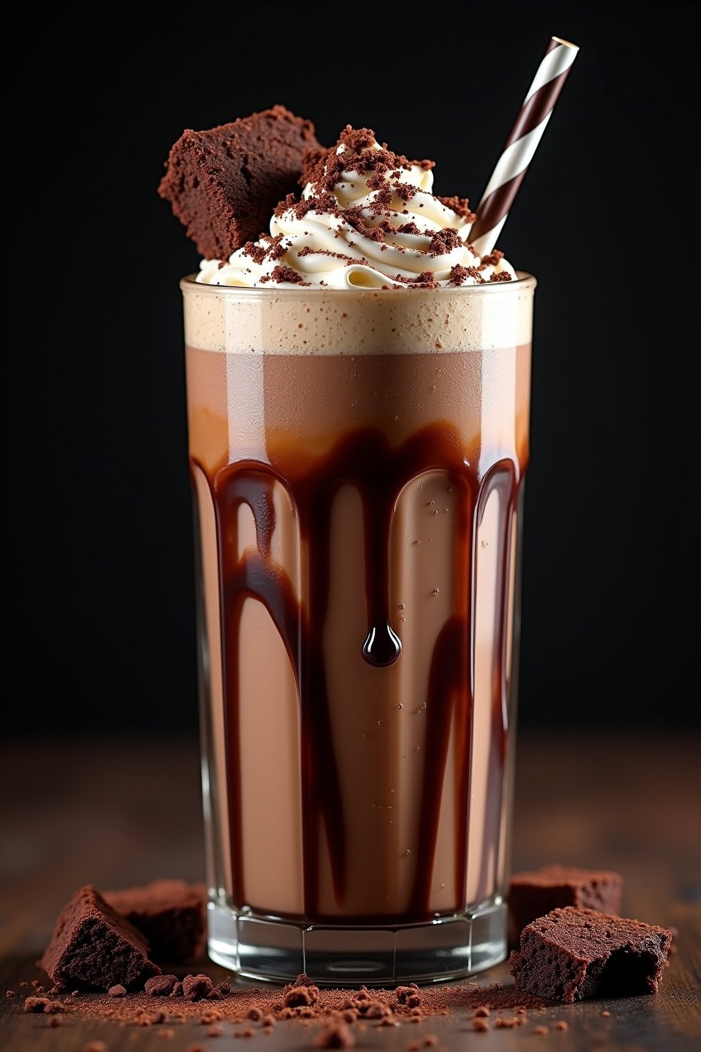 Tall brownie batter milkshake in a clear glass with thick straw, intensely dark chocolate colored thick creamy shake with chocolate sauce drizzled on inside of glass walls, condensation and frost d...