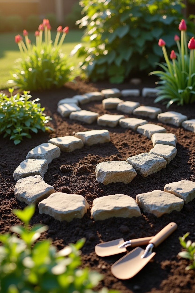 Herb spiral under construction showing stacked fieldstones forming spiral shape, partially filled with soil, garden gloves and trowel nearby, sunny backyard setting, step-by-step building process