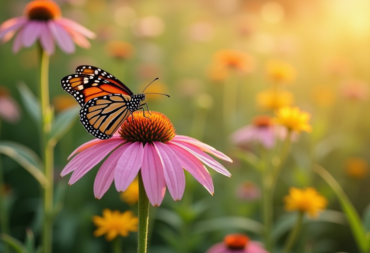 butterfly on coneflower echinacea in garden