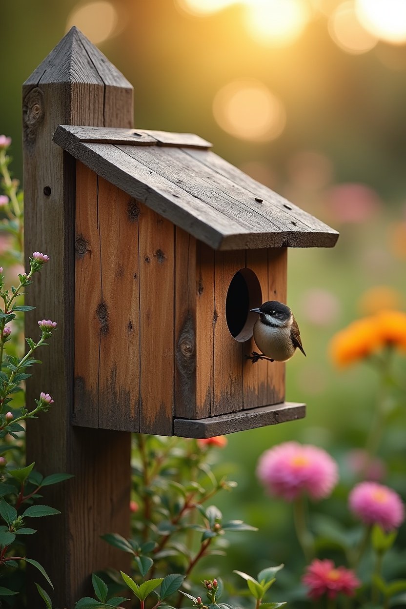 Rustic cedar birdhouse mounted on wooden post in cottage garden, small songbird perched at entrance hole, flowering shrubs and native plants surrounding, warm afternoon light, welcoming garden habitat