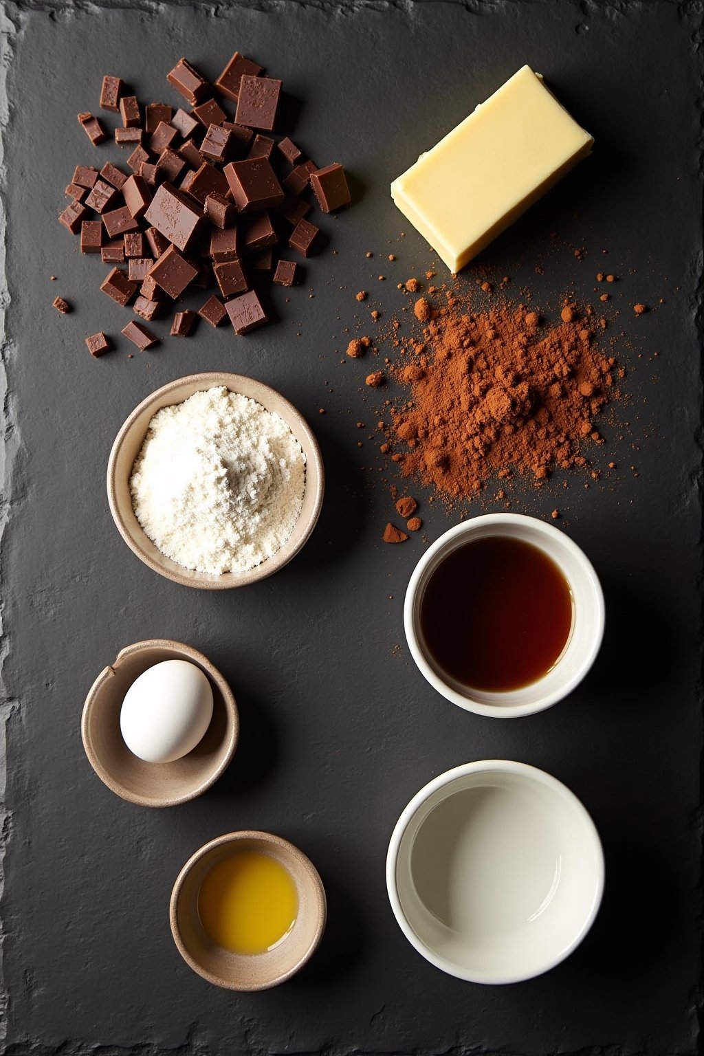 Flat lay of chocolate lava cake ingredients on a dark slate surface, chopped dark chocolate, butter, eggs, powdered sugar, flour, two empty ramekins, cocoa powder, simple elegant styling, overhead ...