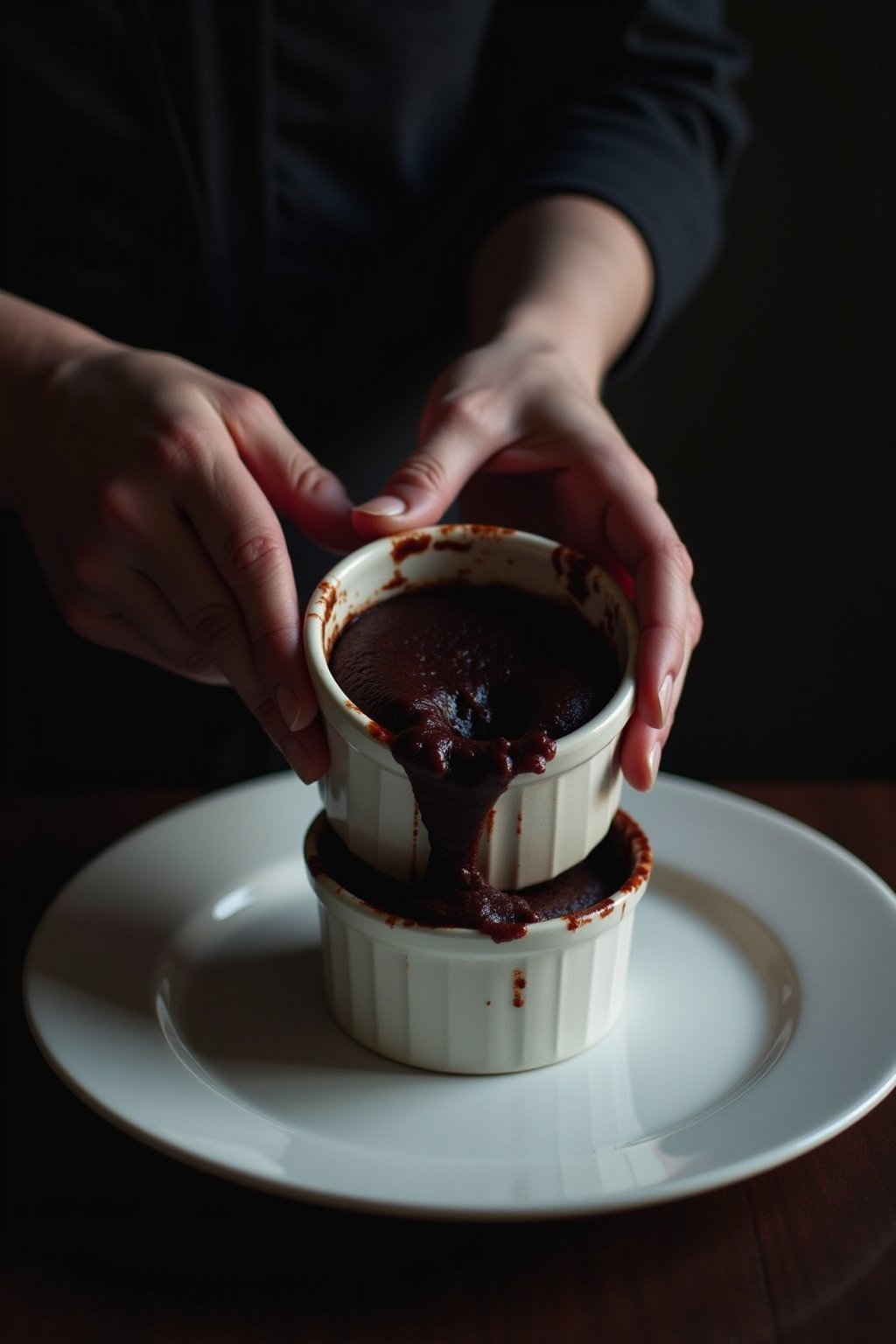 Action shot of flipping a chocolate lava cake out of a ramekin onto a white plate, the moment the ramekin is being lifted revealing the perfect dome-shaped cake, hands lifting the ramekin, dramatic...